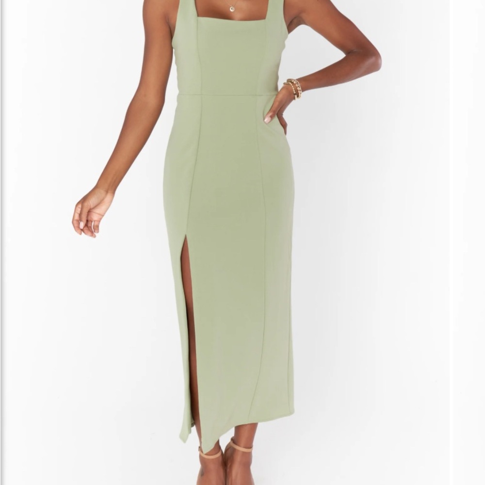 Show Me Your MuMu Eden Midi Dress Moss Green Stretch with Bridesmaid Sash